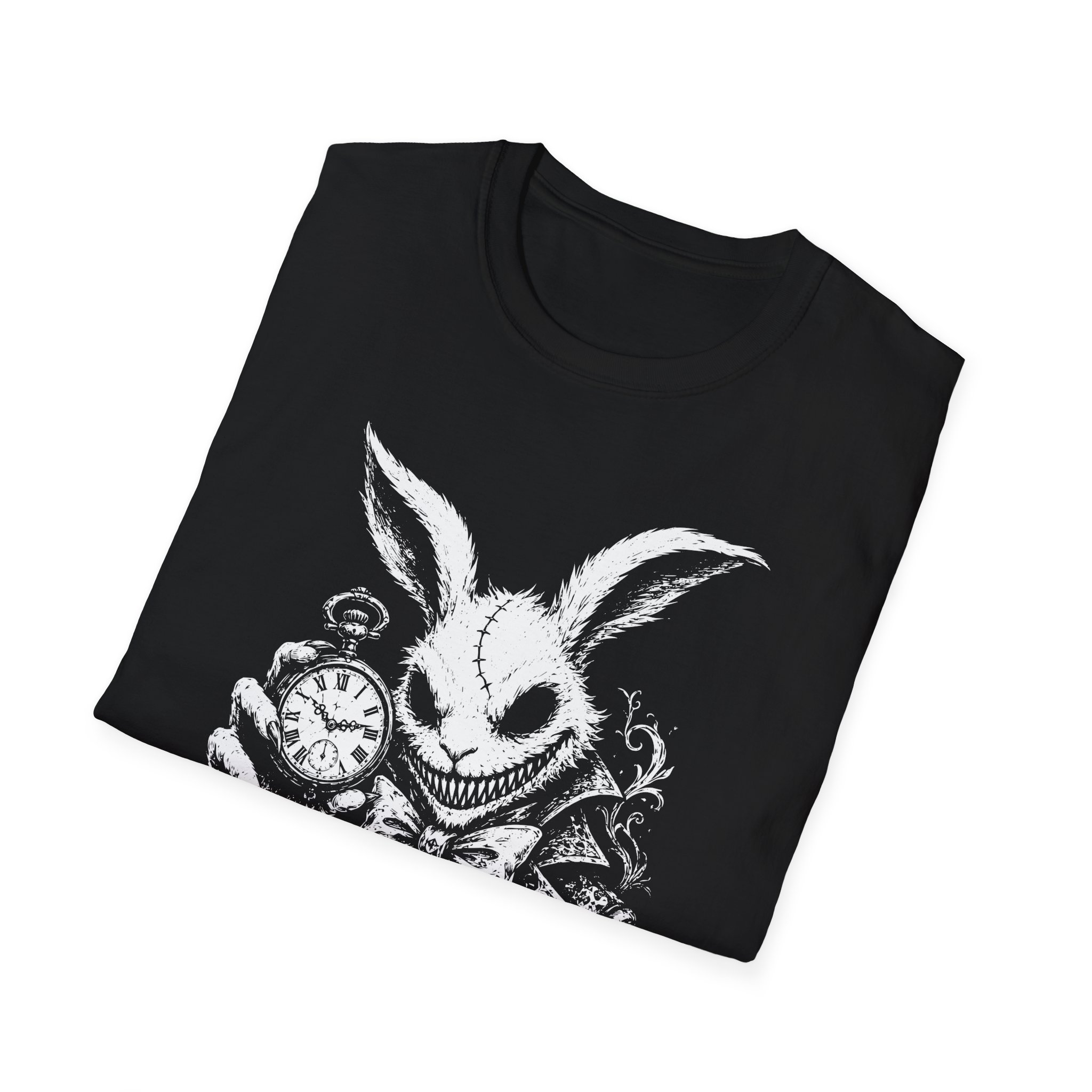 Black T-shirt with a white graphic of a stylized rabbit and a pocket watch.