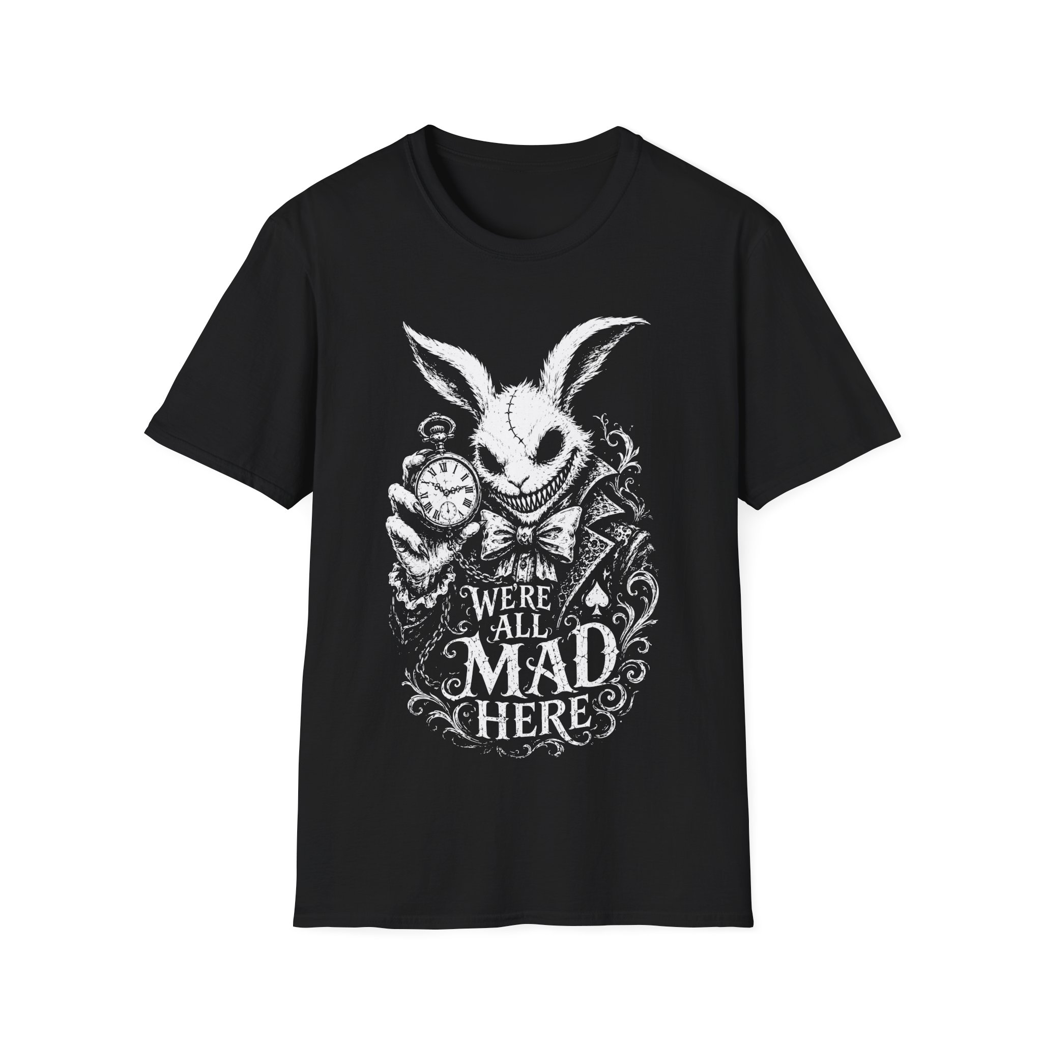 Black T-shirt with a white ornate rabbit graphic holding a pocket watch and the text 'WE'RE ALL MAD HERE'